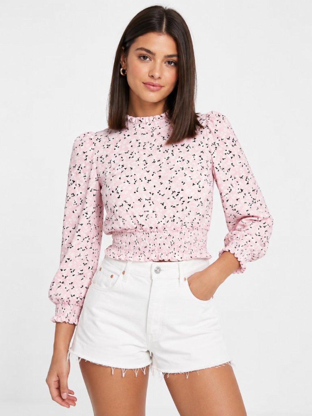 ASOS Miss Selfridge Pink Ditsy Floral Frill Puff Long Sleeve Shirred Top